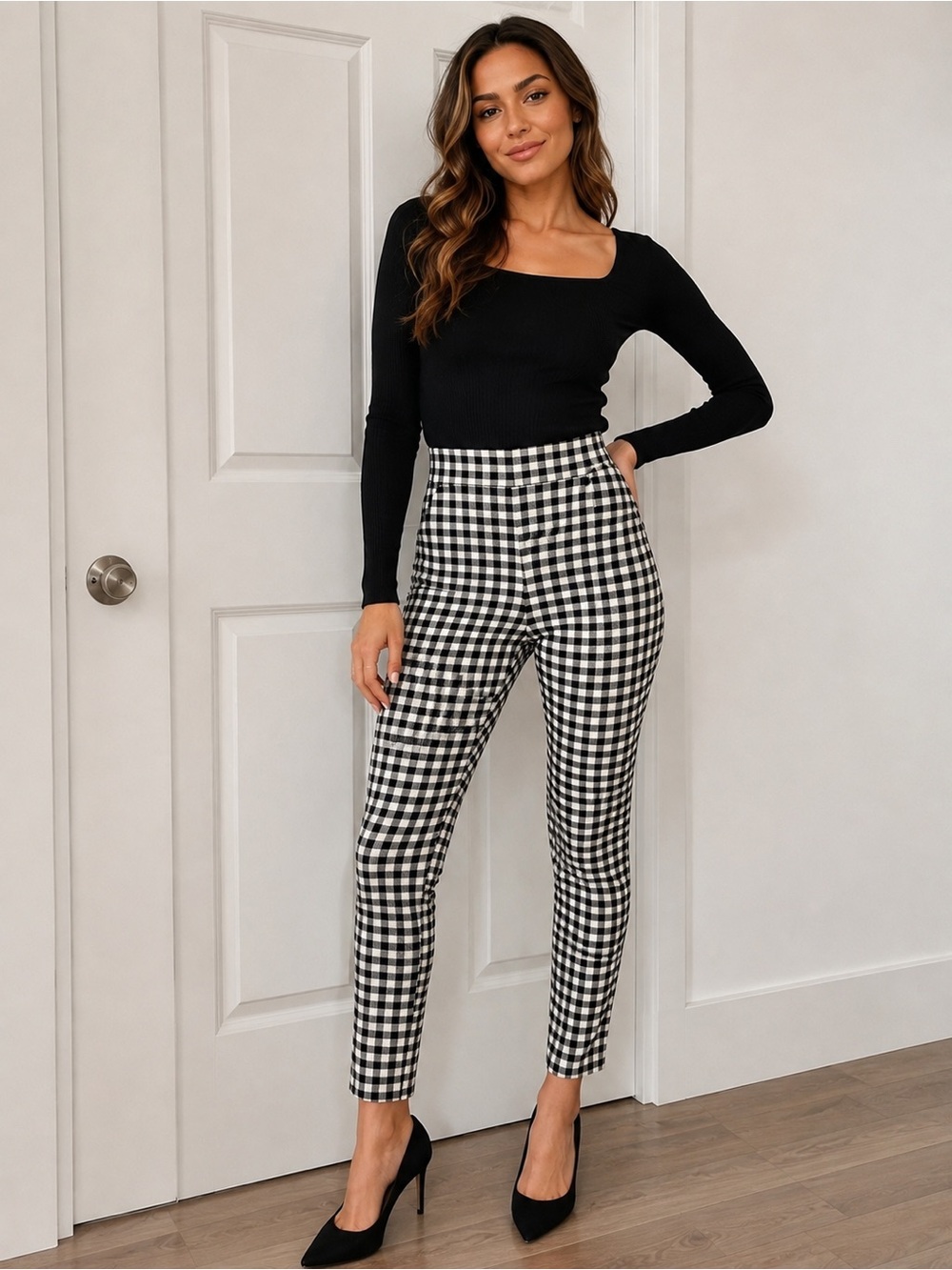 Forever 21 Gingham Checkered Pants Women XS Black White High Rise Ankle Trousers